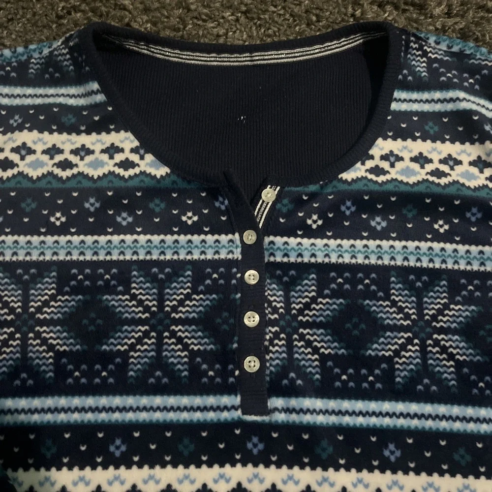 Nautica Fleece Blue White Snowflake 1/4 Button Pullover‎ Sleep Top Women's Small